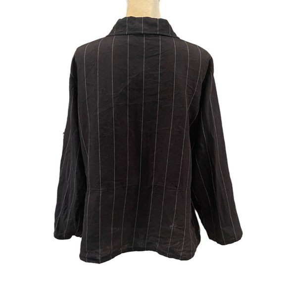 Cottage Clothing Black Stripe 100% Linen Popken Hem Button Up Shirt Size XL - Picture 3 of 10
